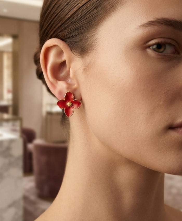 Ruby Red Floral Enamel Stud Earrings
