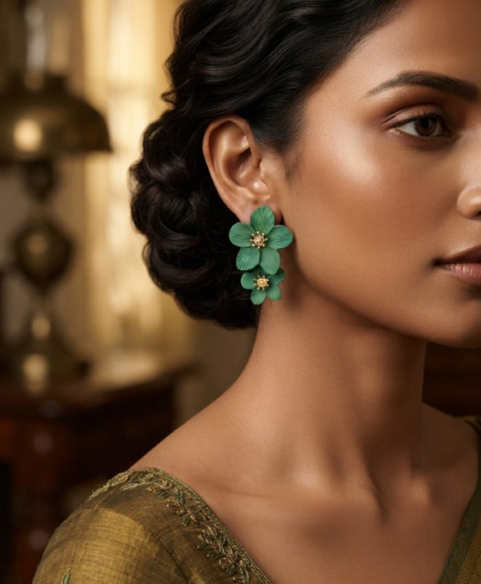 Emerald Green Floral Double Drop Earrings