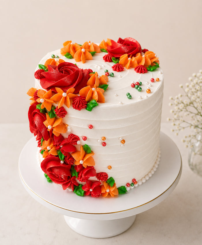 Vibrant Red & Orange Buttercream Floral Cake