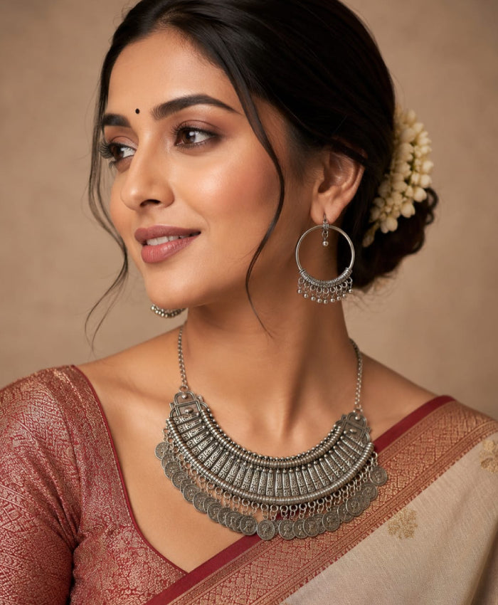 Oxidised Silver Coin Necklace and Earrings Set