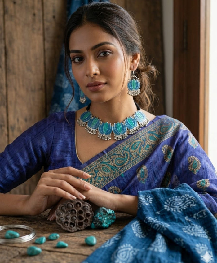 Blue Green Lotus Enamel Jewellery Set