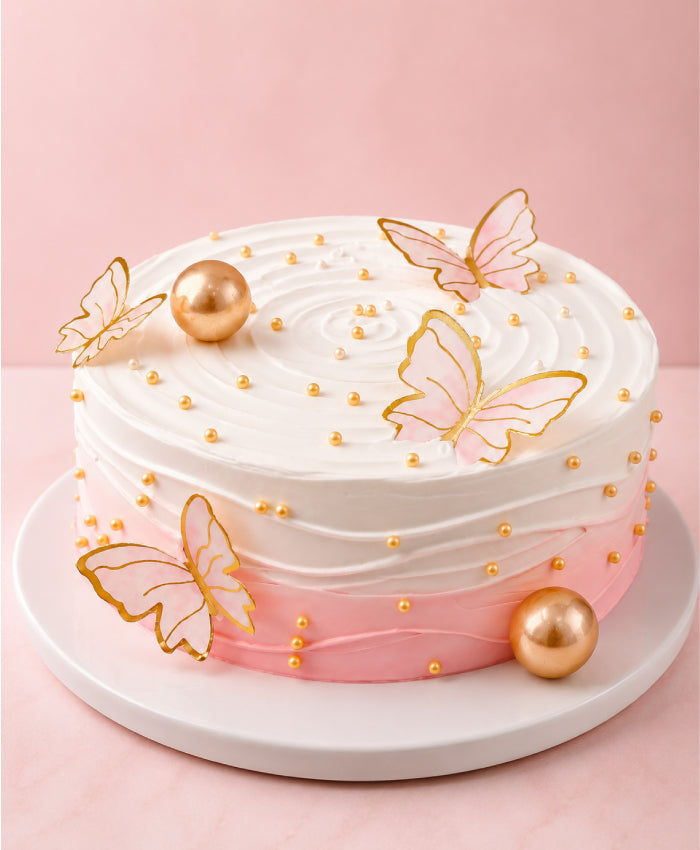 Elegant Pink & White Gold Pearl Butterfly Cake
