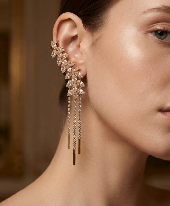 Golden Crystal Leaf Cascade Earrings