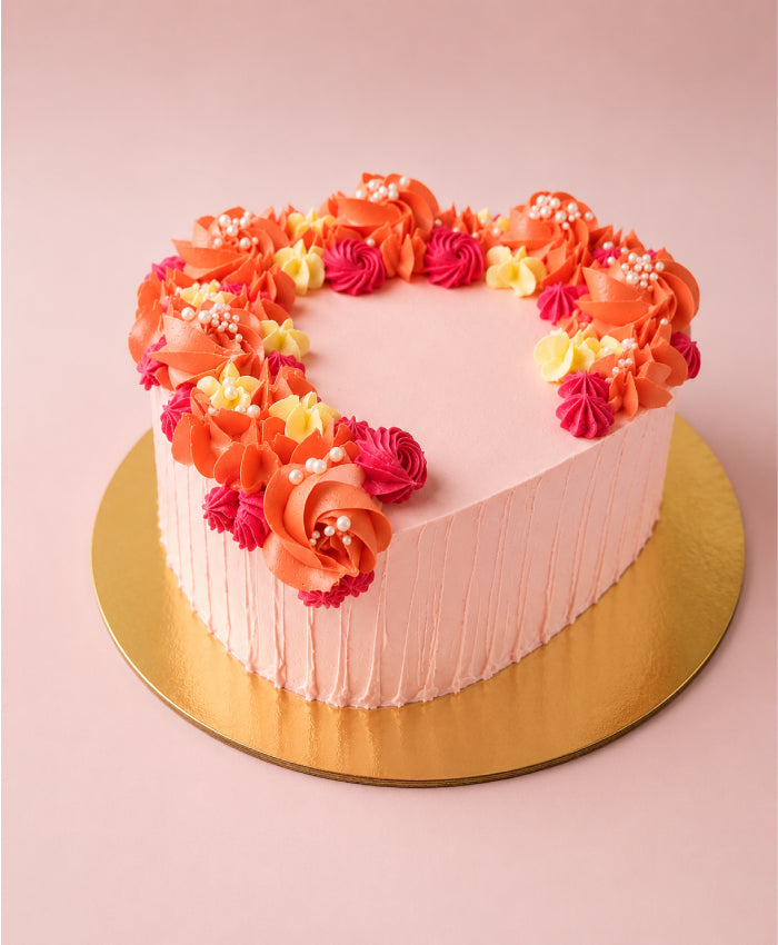 Pink Heart Floral Rosette & Pearl Birthday Cake