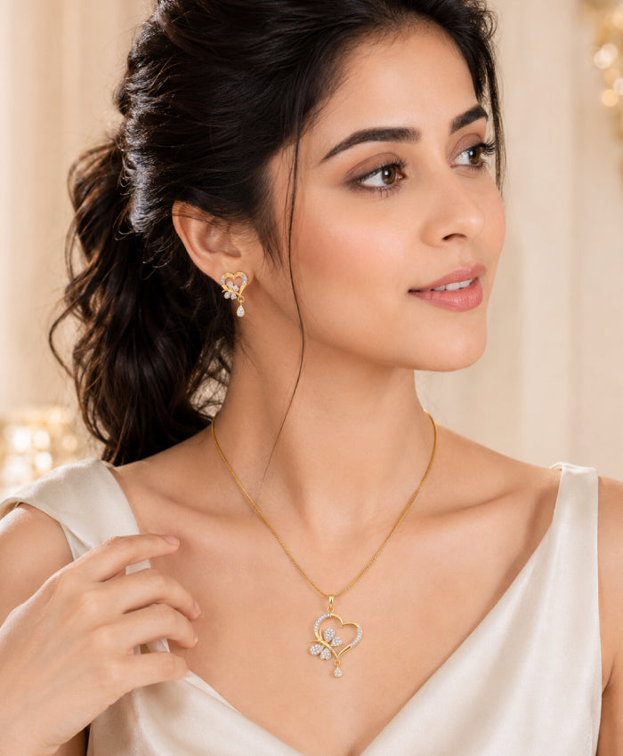 Heart & Floral Gold-Tone Necklace with Matching Earrings