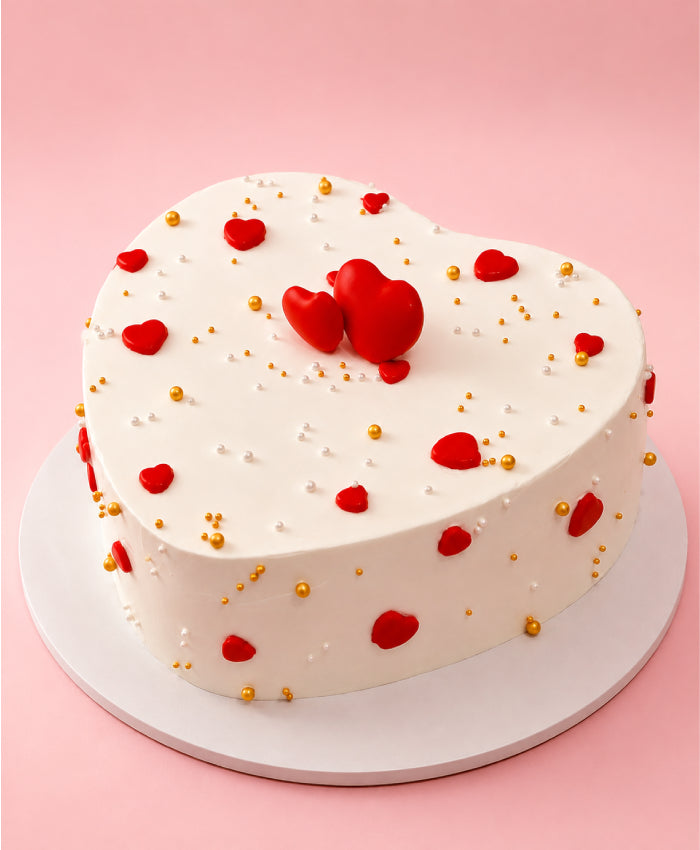 Romantic White Heart Cake with Red Hearts & Gold Pearls