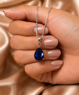 Sapphire Blue Teardrop Silver-Tone Pendant Necklace