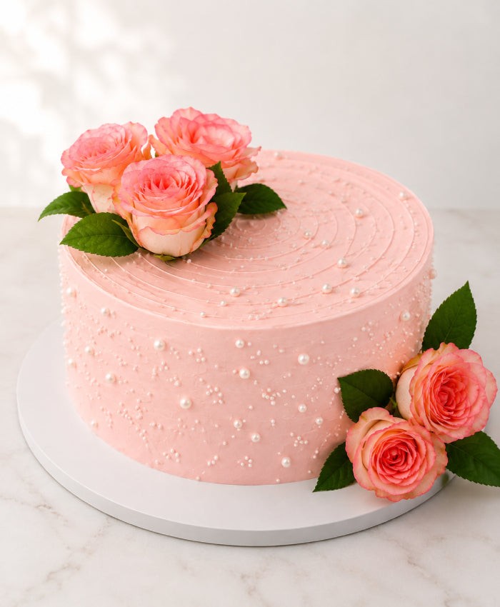 Elegant Pink Rose & White Pearl Birthday Cake