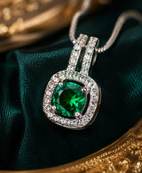 Elegant Green Gemstone Square-Halo Pendant Necklace