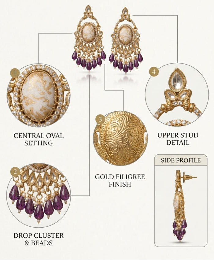 Gold-Tone Purple Beaded Kundan Style Chandbali Earrings