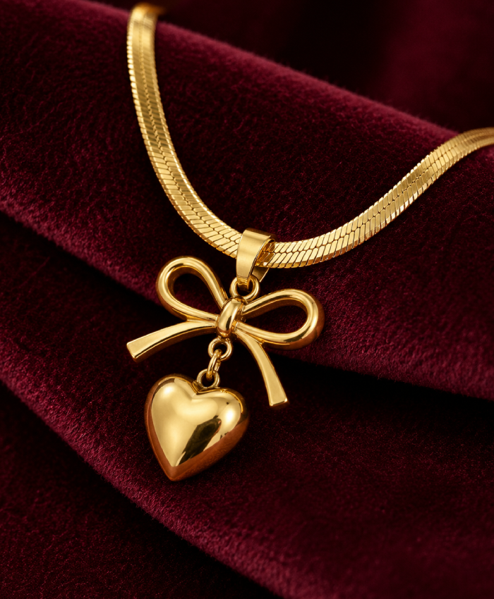 Gold-Tone Bow & Heart Pendant Necklace for Women – Elegant Minimal Fashion Jewellery