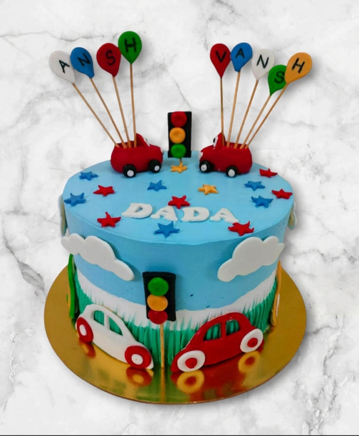Colorful Car & Balloon Fondant Theme Vanilla Cake