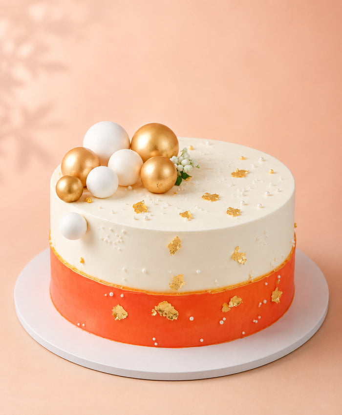 Personalized Family Photo Cake with Gold Spheres & Edible Gold Leaf