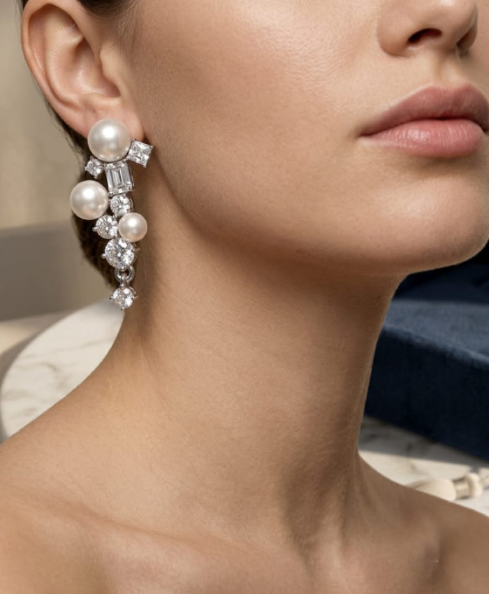 Silver-Tone Pearl Crystal Drop Earrings