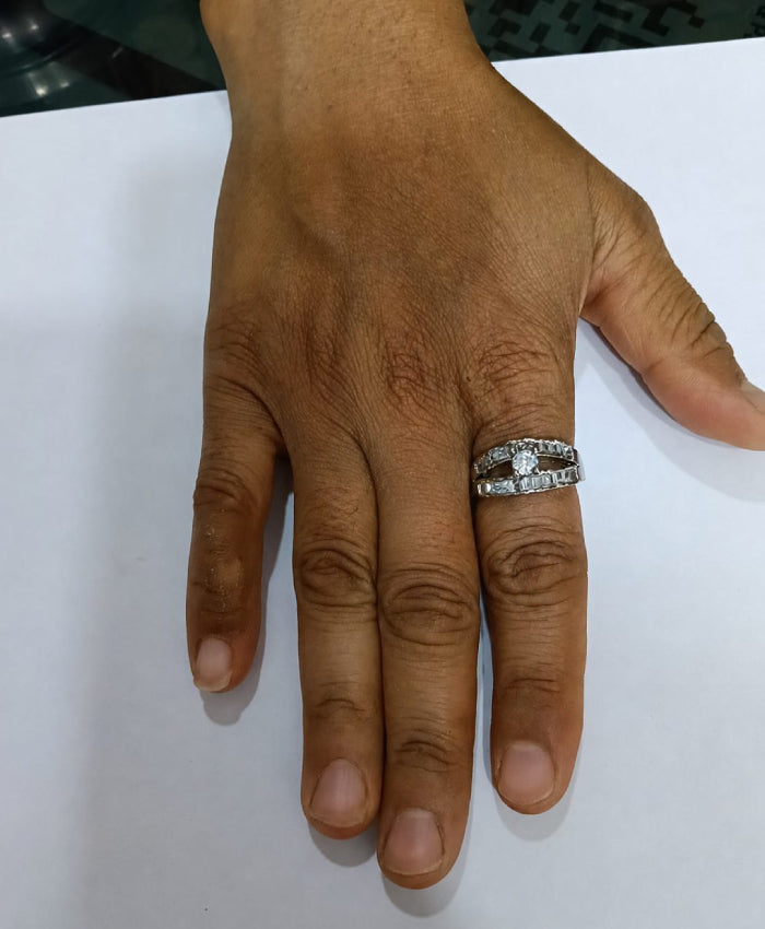 Silver-Tone Double Band Crystal Statement Ring