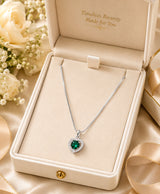 Elegant Emerald Green Heart Pendant Necklace – Silver-Tone Crystal Halo