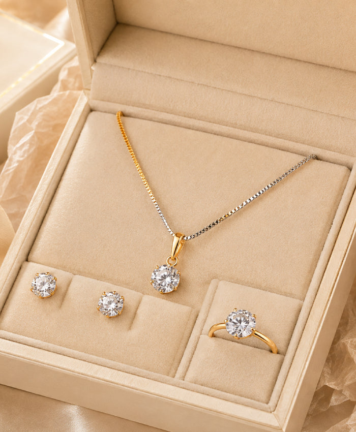 Elegant CZ Solitaire Necklace, Earrings & Ring Jewellery Set for Women