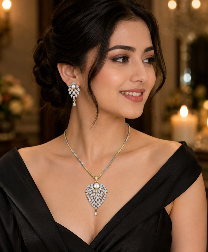 Pearl Leaf Pendant Necklace & Drop Earrings Jewellery Set
