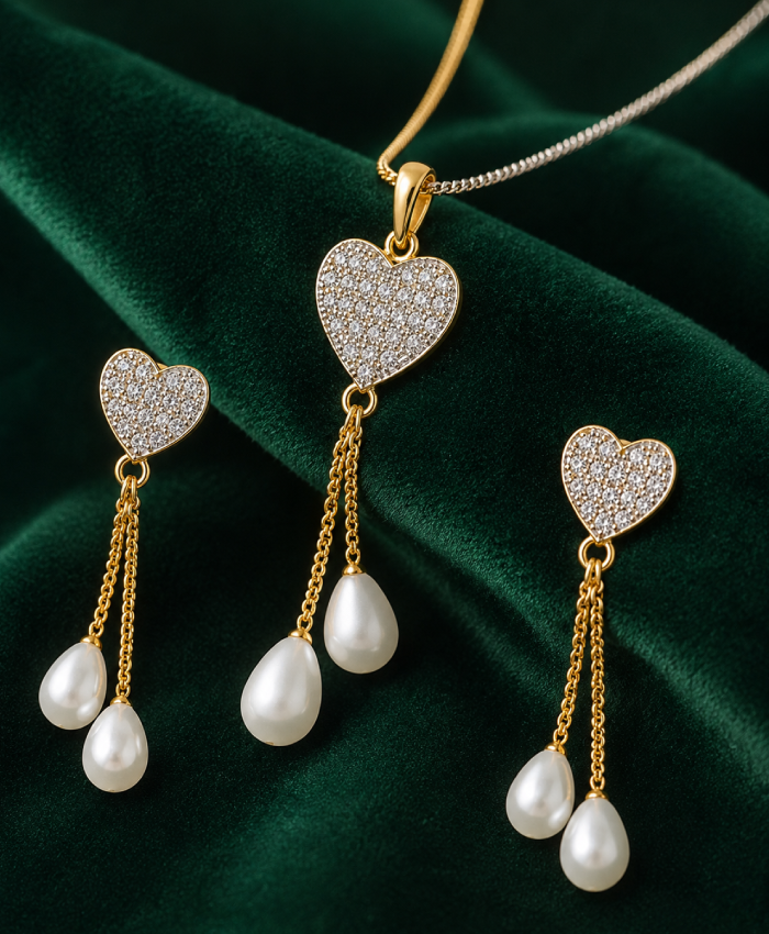 Elegant Heart Pearl Drop Necklace & Earrings Set