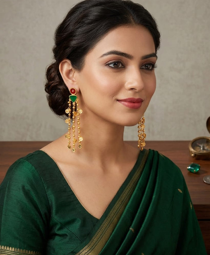 Green Enamel Coin Chain Drop Earrings