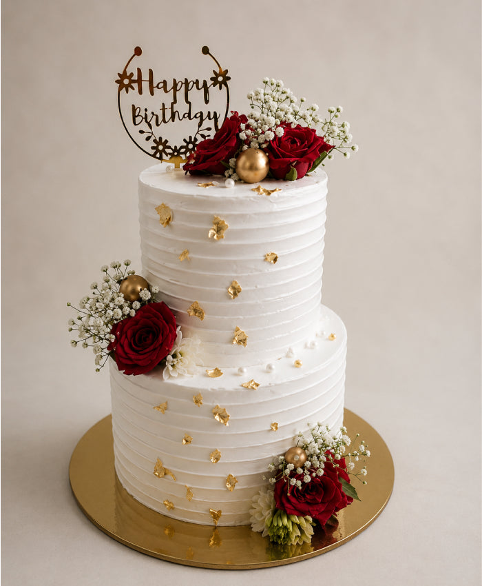 Red Rose & Gold Leaf Two-Tier Vanilla Birthday Cake