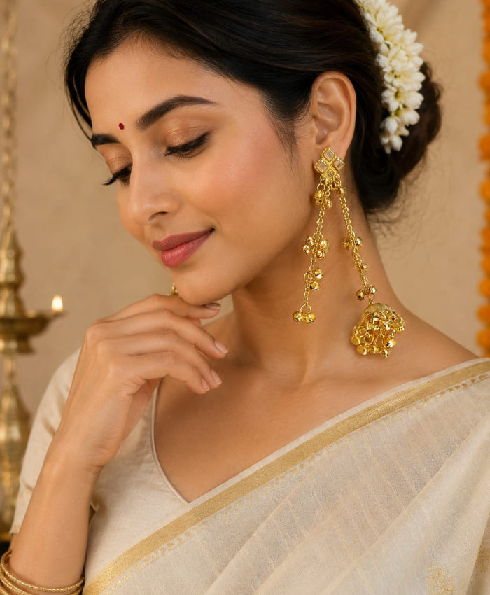 Gold-Tone Long Jhumka Earrings – Mirror Chain