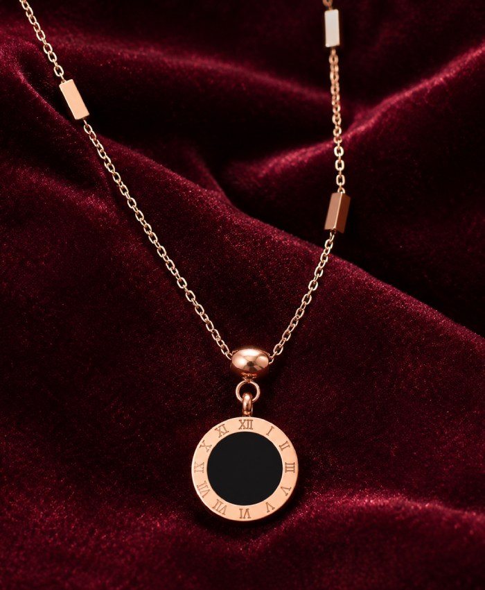 Rose-Gold Tone Black Roman Numeral Circle Pendant Necklace