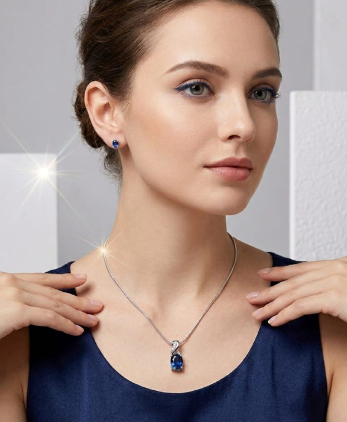 Sapphire Blue Pendant Necklace and Stud Earrings Set
