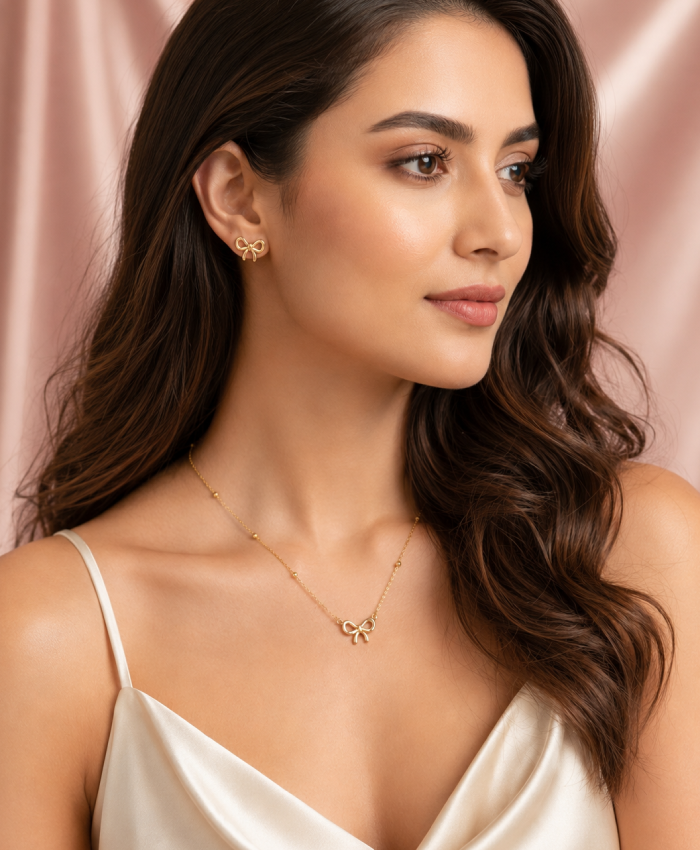 Elegant Gold Bow Necklace & Matching Earrings Set