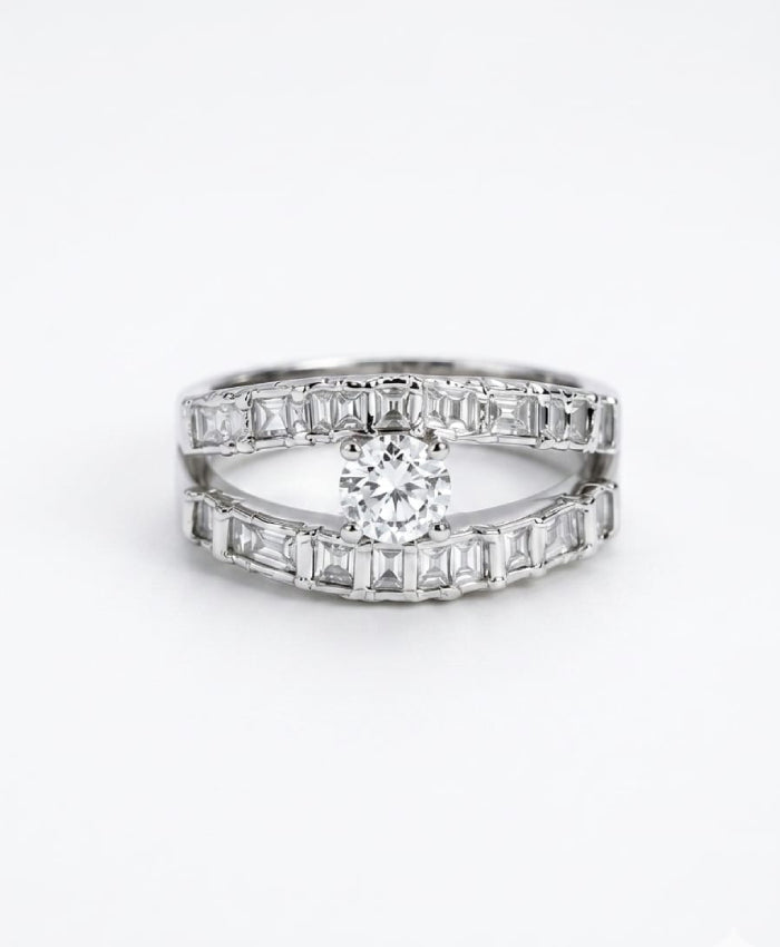 Silver-Tone Double Band Crystal Statement Ring