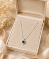 Elegant Emerald Green Heart Pendant Necklace – Silver-Tone Crystal Halo