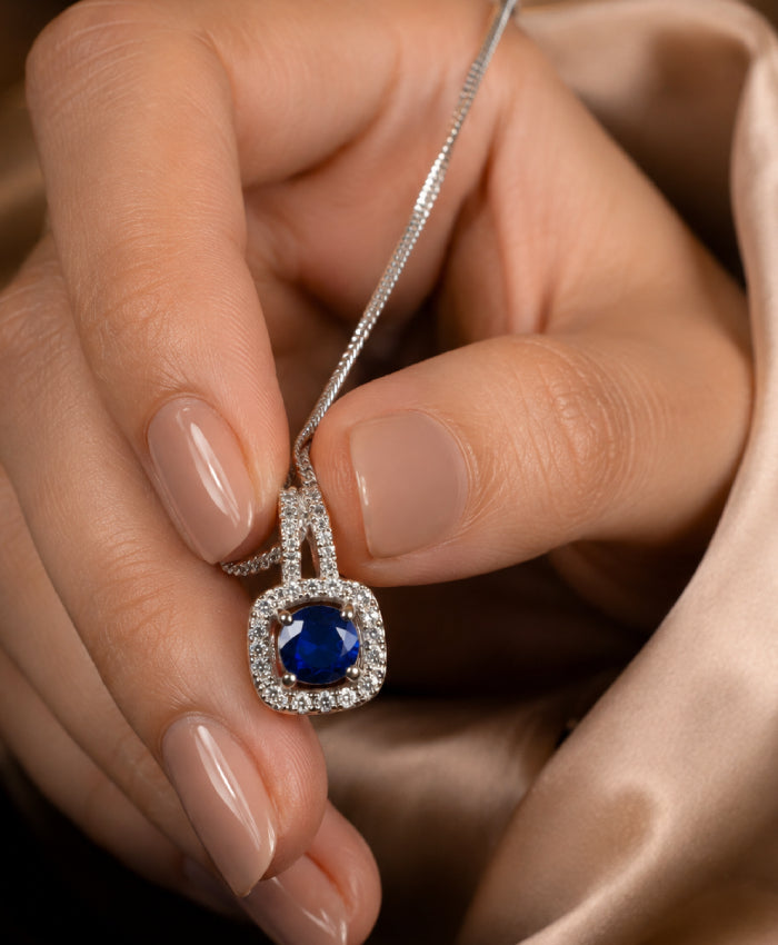 Elegant Blue Stone Halo Pendant Necklace for Women – Silver-Tone Statement Jewellery