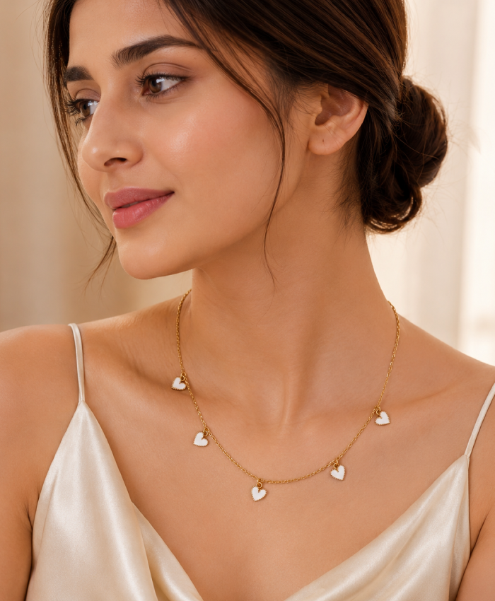 White Heart Charm Layered Chain Necklace