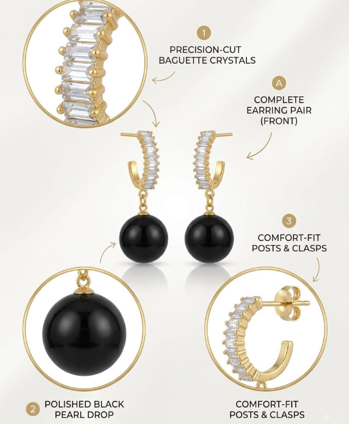 Gold-Tone Crystal Hoop Earrings with Black Beaded Drops