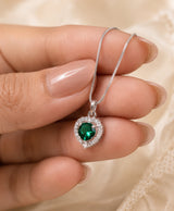 Elegant Emerald Green Heart Pendant Necklace – Silver-Tone Crystal Halo