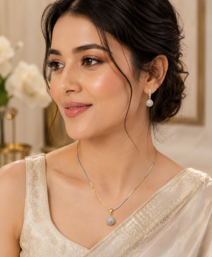Two-Tone Round Pavé Pendant Necklace with Matching Drop Earrings – Elegant Jewellery Set for Women