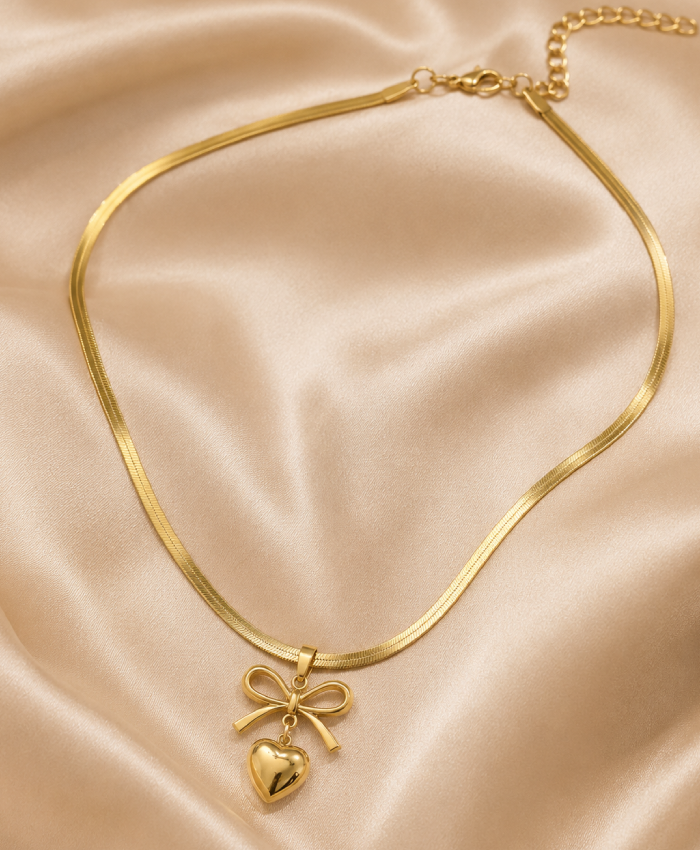 Gold-Tone Bow & Heart Pendant Necklace for Women – Elegant Minimal Fashion Jewellery