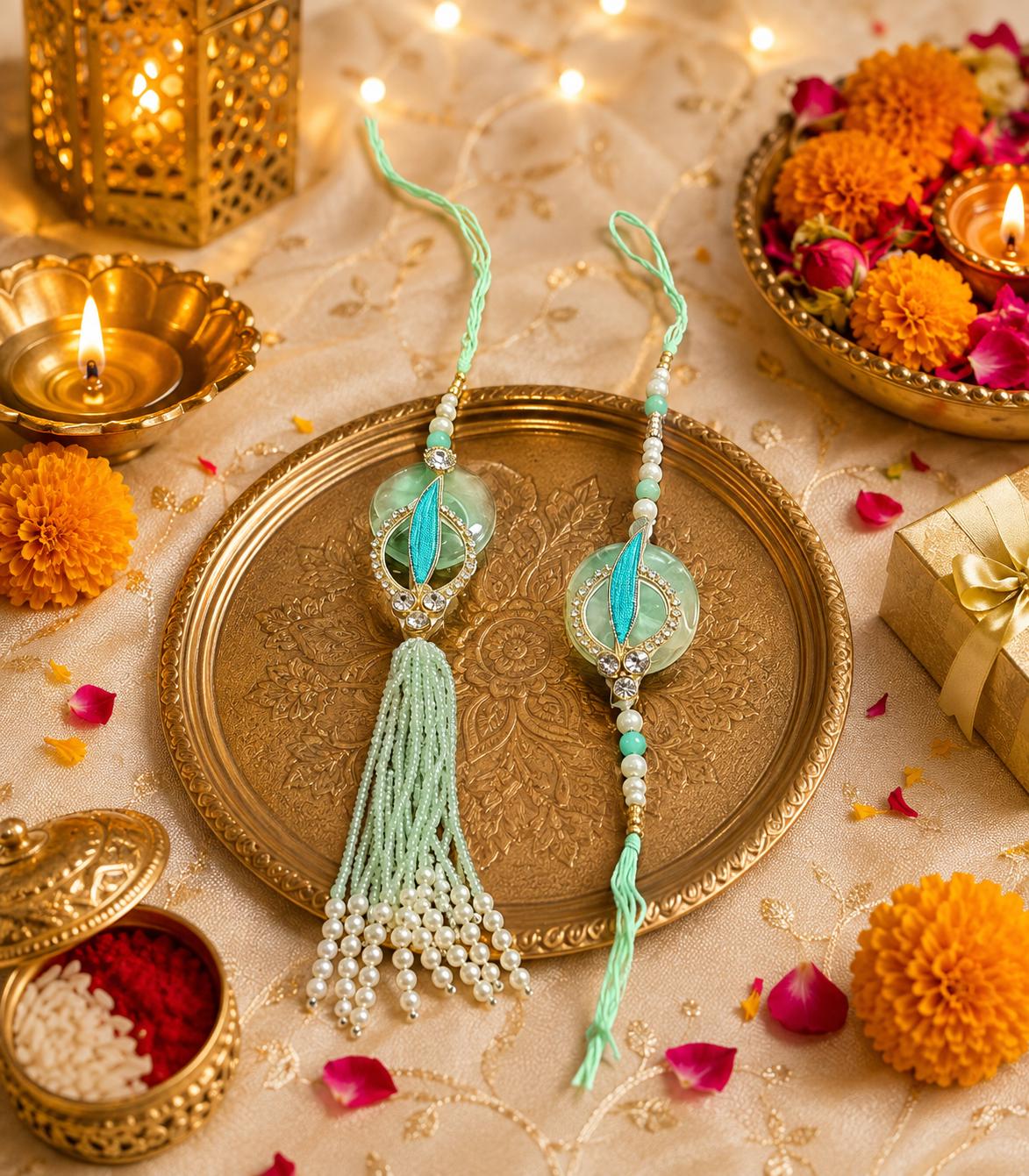 Aarohi Mint Peacock Pearl Rakhi Set