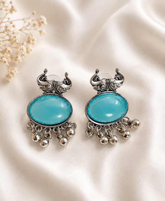 Aqua Blue Peacock Oxidized Silver-Tone Statement Earrings