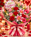 Birthday Balloon & Flower Bouquet – 10 Mixed Flowers