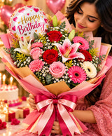 Birthday Balloon & Flower Bouquet – 10 Mixed Flowers