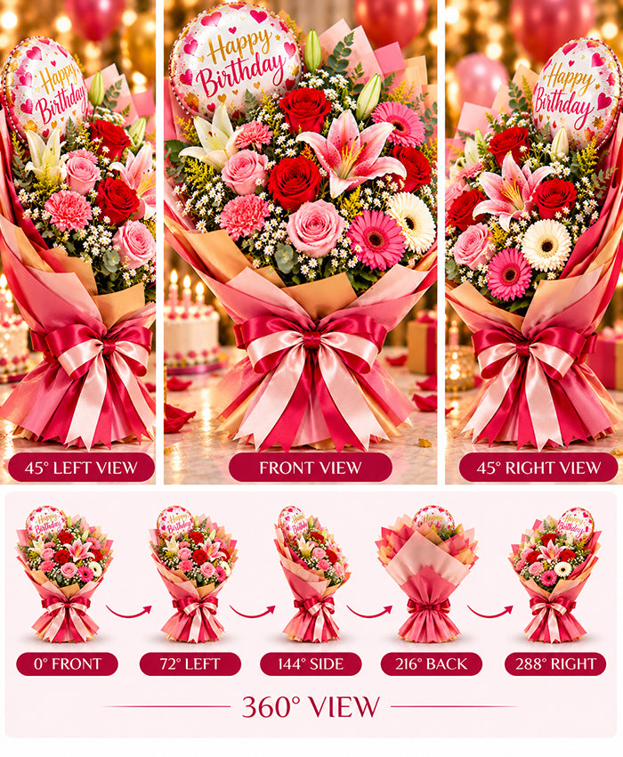 Birthday Balloon & Flower Bouquet – 10 Mixed Flowers