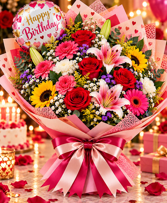 Birthday Color Burst Bouquet – 15 Mixed Flowers