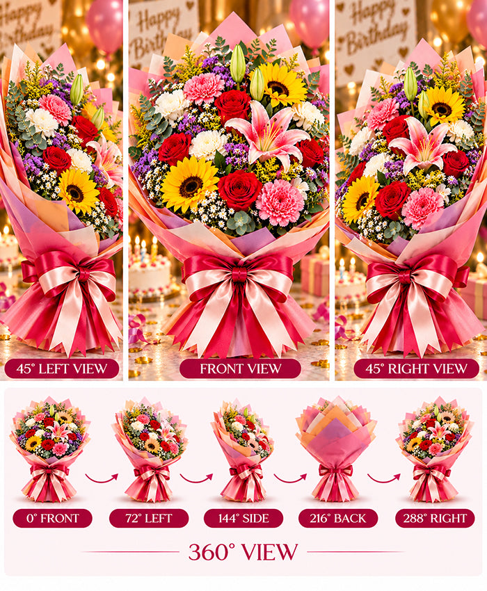 Birthday Color Burst Bouquet – 15 Mixed Flowers