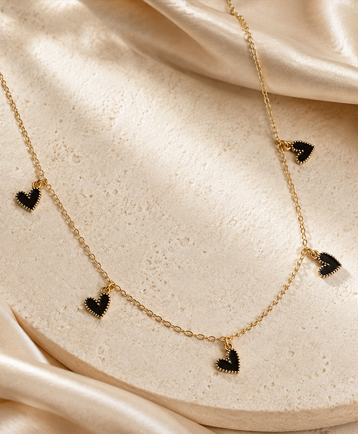 Black Heart Charm Gold-Tone Necklace for Women