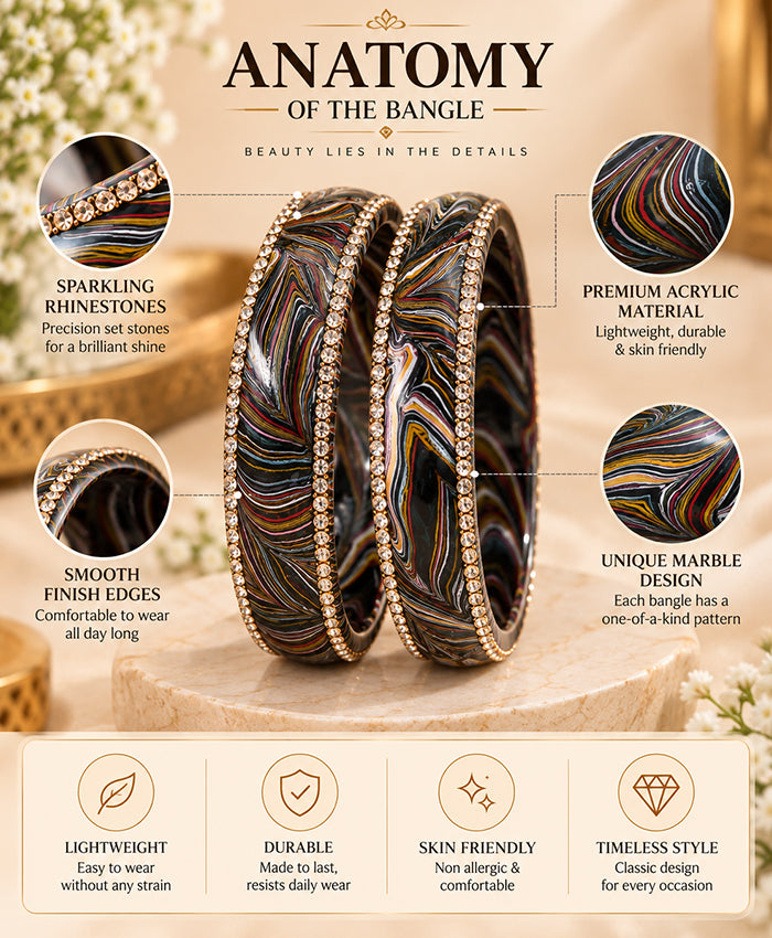 Black Multicolor Marble Rhinestone Lac Bangle Set