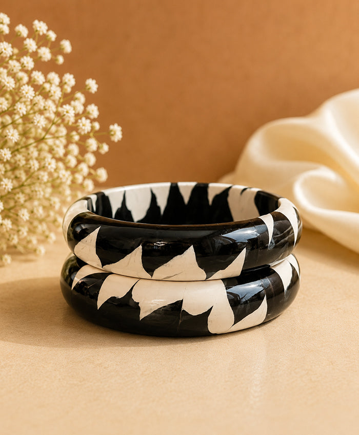 Black & Ivory Hand-Painted Statement Lac Bangle Set