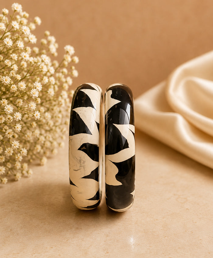 Black & Ivory Hand-Painted Statement Lac Bangle Set