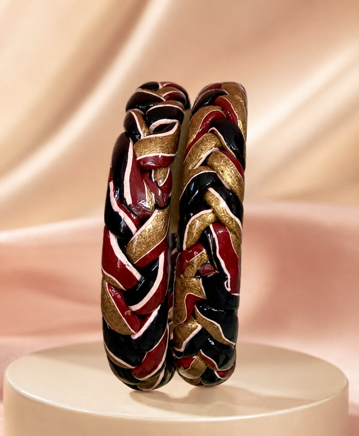 Black Red Gold Braided Enamel Lac Bangles
