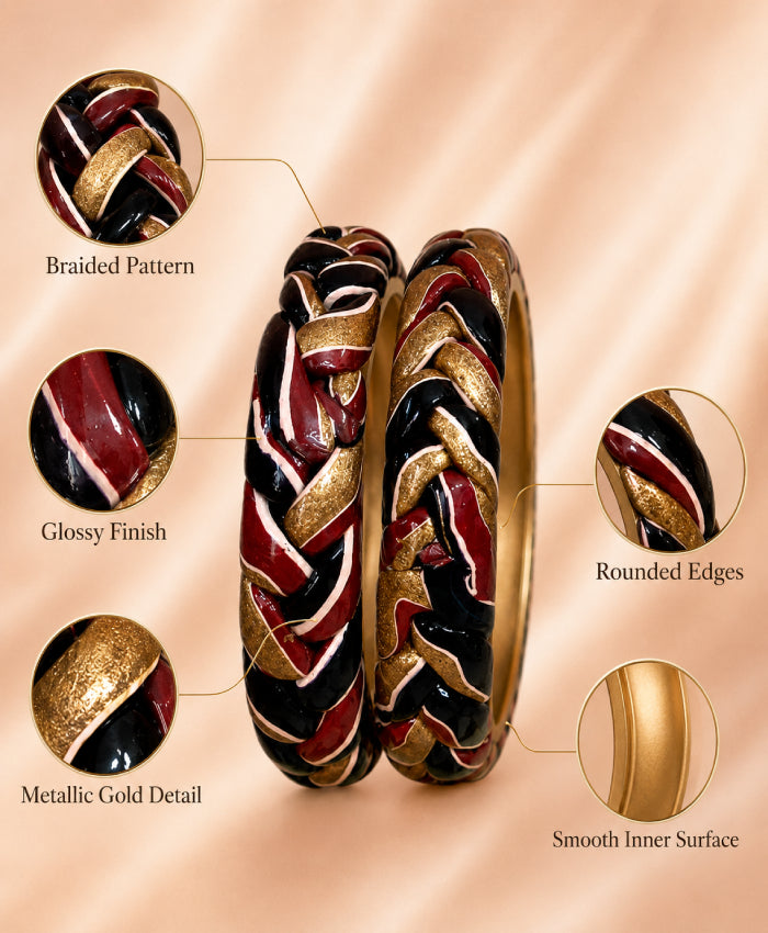 Black Red Gold Braided Enamel Lac Bangles